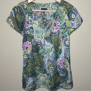 Talbots Paisley V-Neck Blouse Women Size 2 Pink Green Cap Sleeves Office Casual